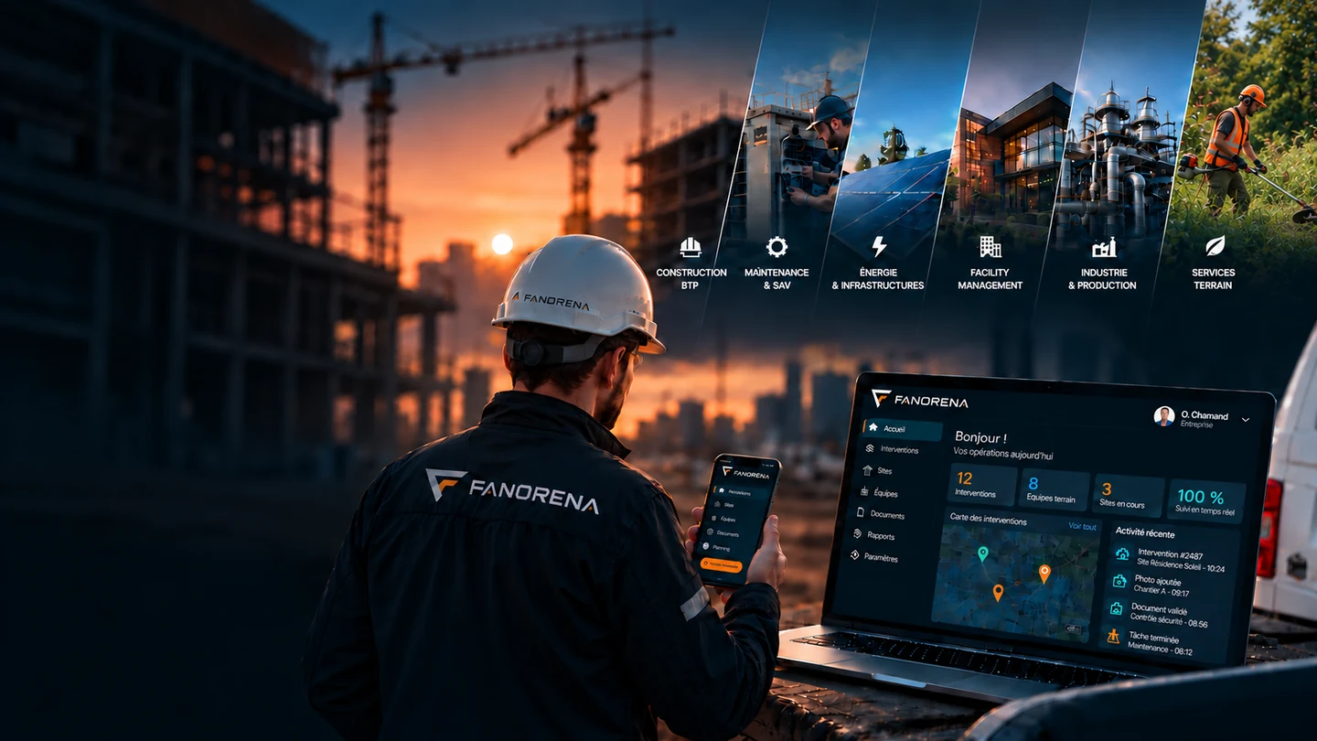Un conducteur de travaux sur chantier consulte FANORENA sur son téléphone et sur un ordinateur portable, devant un panorama des secteurs couverts